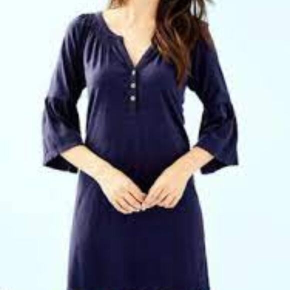 Lilly Pulitzer Tiegan navy bell sleeve button up midi dress 30541 - Picture 1 of 8